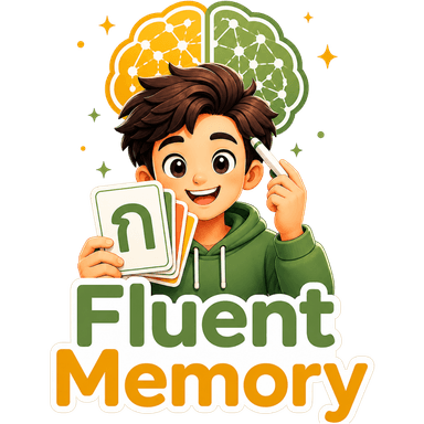 Fluent Memory mascot holding flashcards