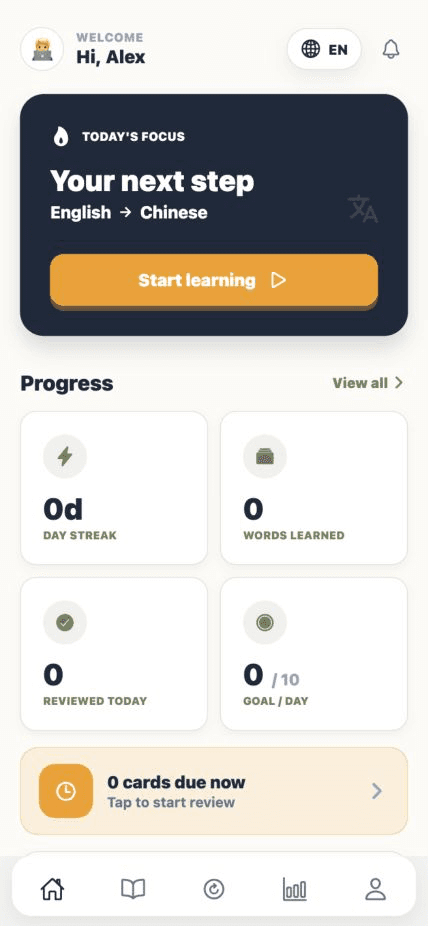 Current Fluent Memory home screen showing an English to Chinese learning plan and daily progress