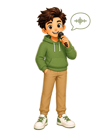 Fluent Memory mascot practicing speaking with a microphone